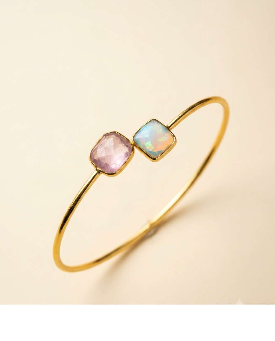 Pastel Pink & Blue Stone Gold Open Cuff Bangle for Women