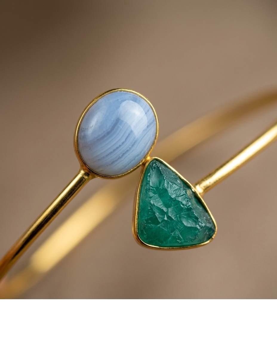 Blue & Green Gemstone Open Cuff Bangle for Women