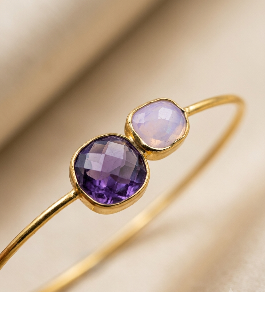 Purple & Pink Stone Gold Open Cuff Bangle for Women