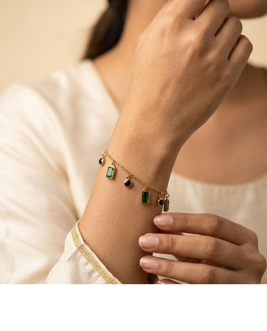 Gold-Tone Green & Black Stone Charm Bracelet for Women