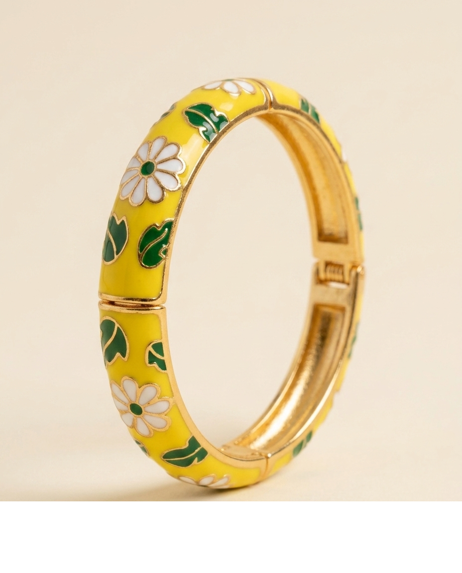 Gold-Tone Yellow Floral Enamel Designer Bangle for Women