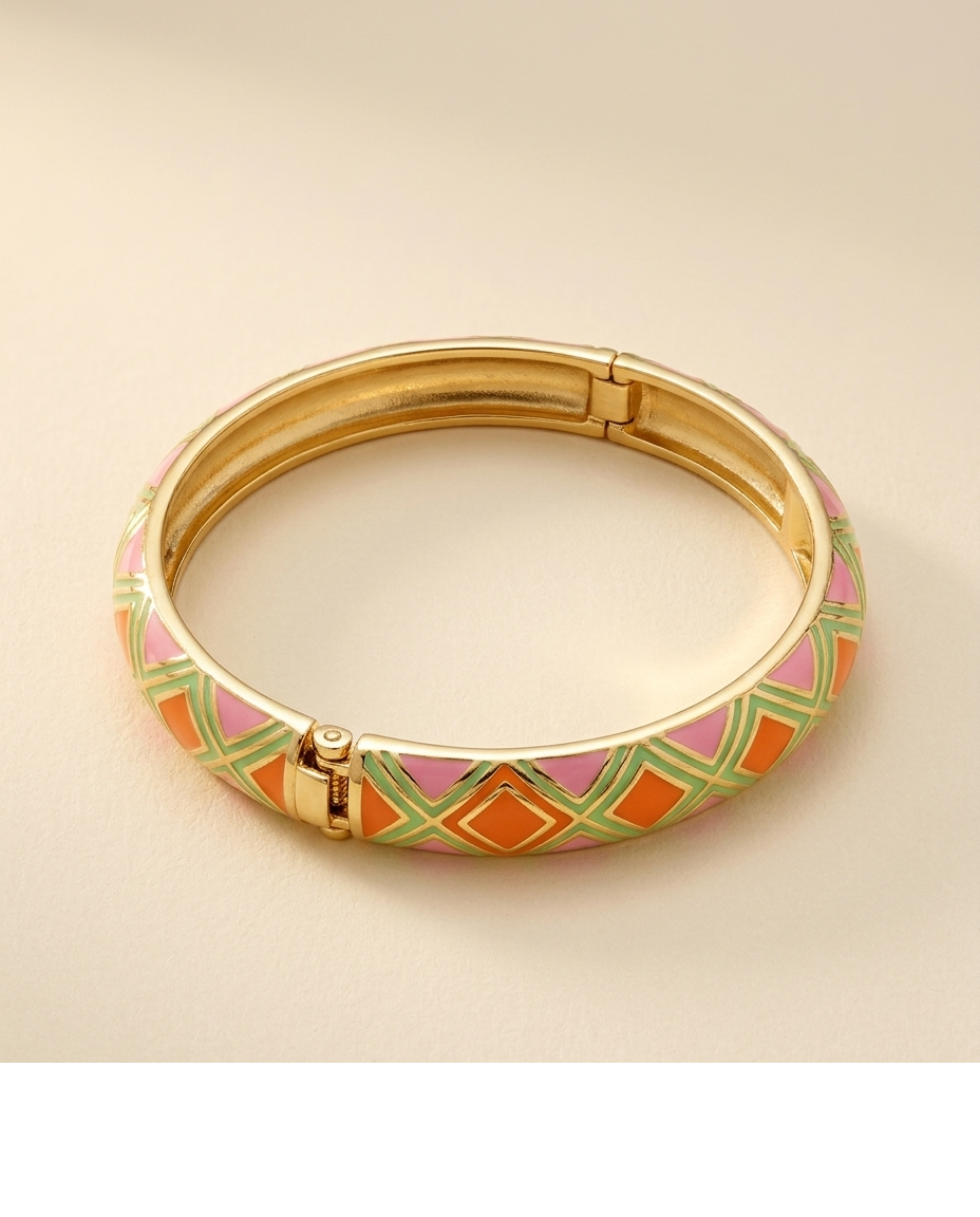 Green & Orange Geometric Enamel Gold-Tone Bangle for Women