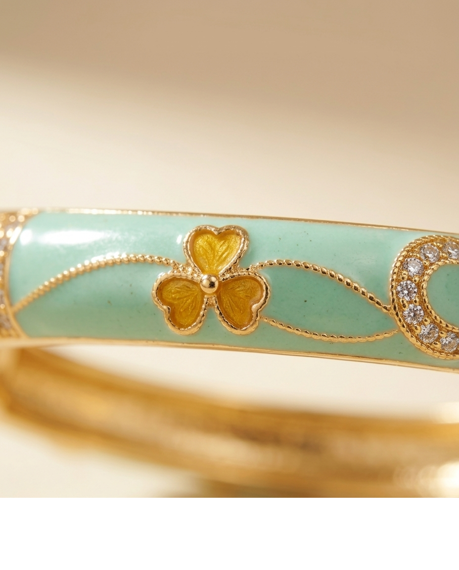 Gold-Tone Turquoise Enamel Floral Designer Bangle for Women
