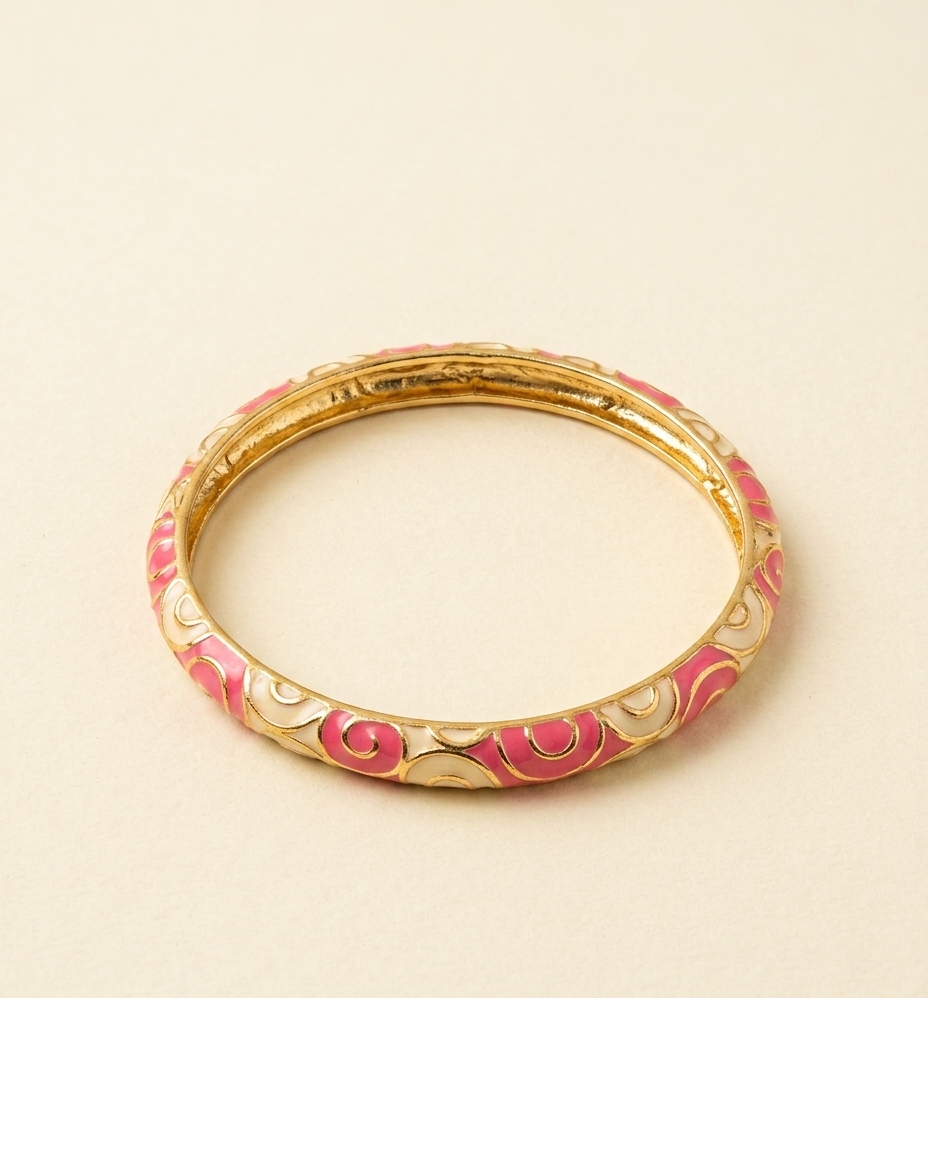 Gold-Tone Pink Enamel Floral Designer Bangle for Women