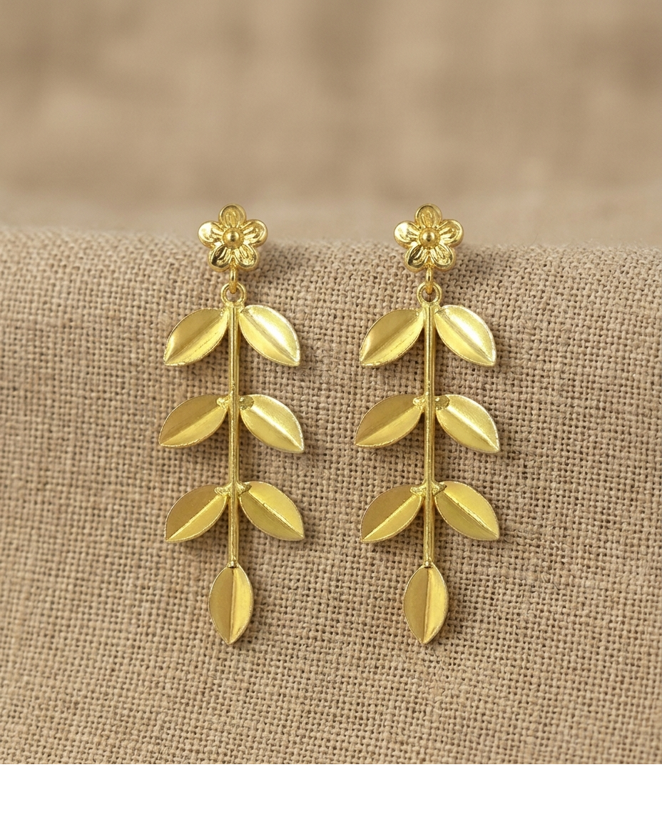 Gold Floral Leaf Branch Drop Earrings for Women