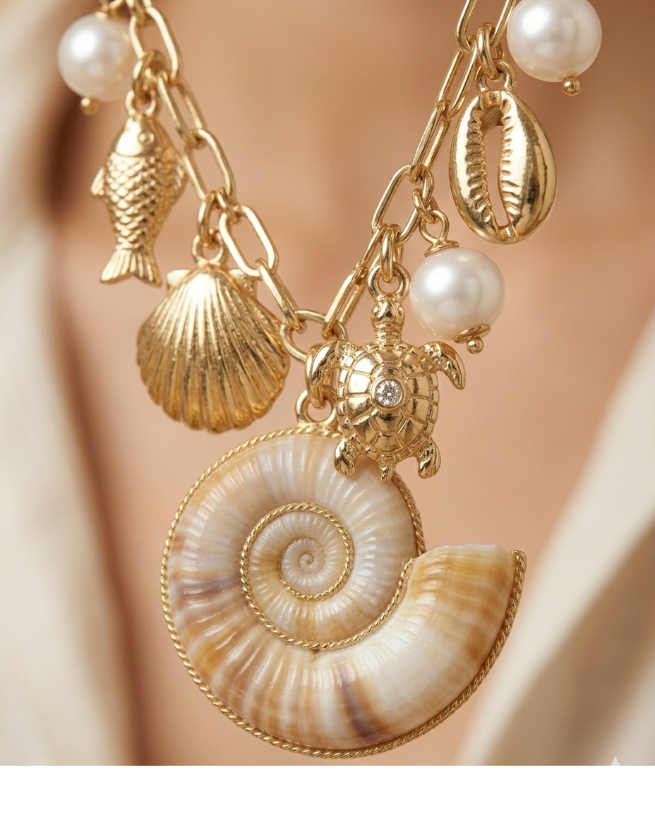 Ocean Treasure Charm Necklace with Shell, Turtle & Pearl Charms