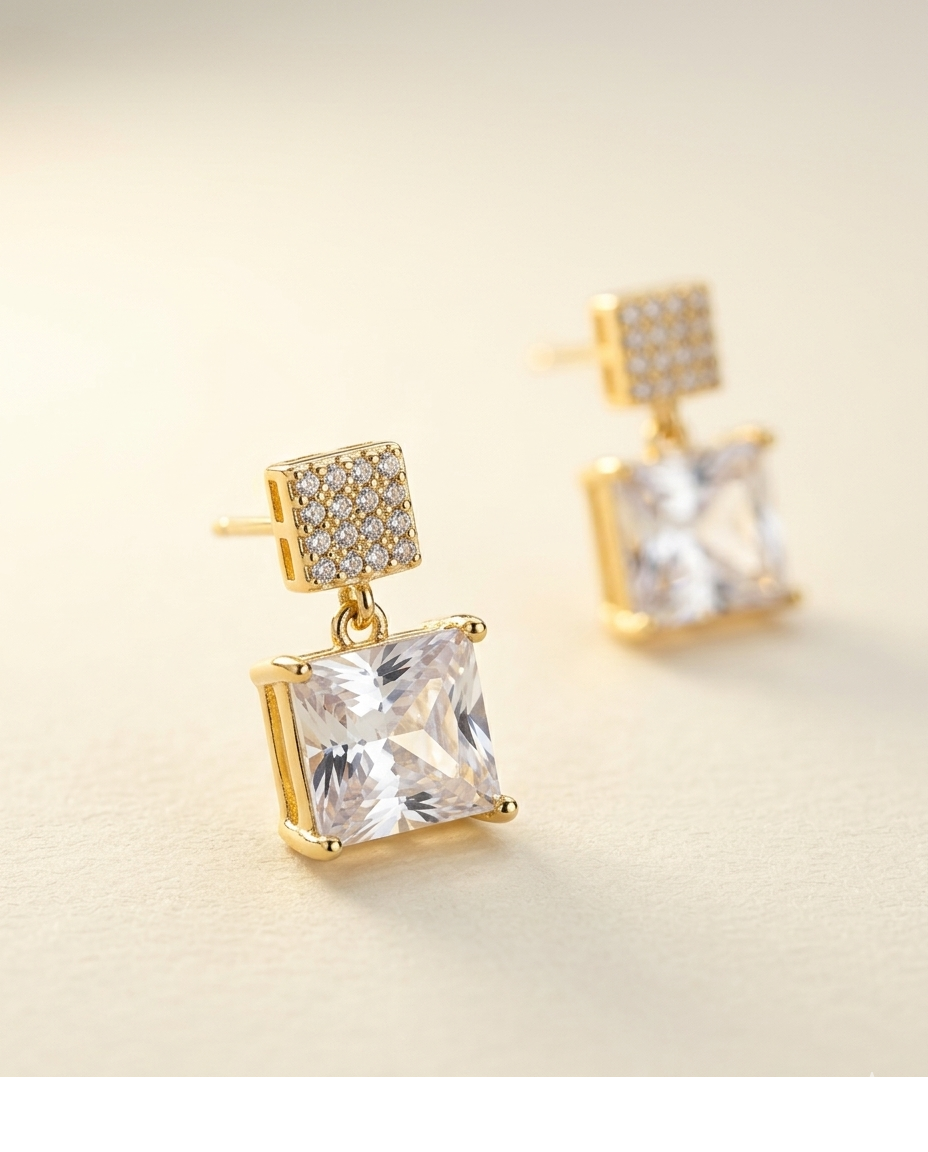 Celestia Princess Cut CZ Gold Plated Drop Earrings for Women
