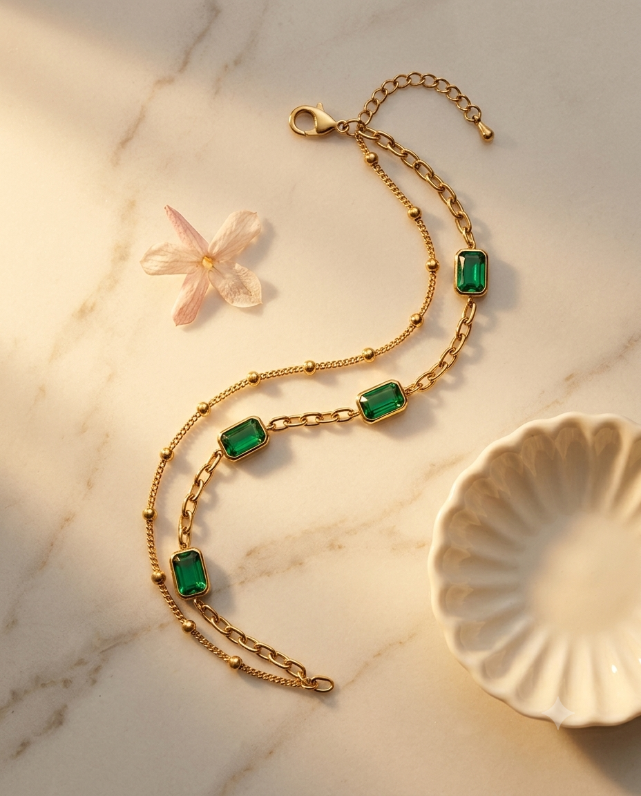 Emerald Green Rectangular Stone Gold Bracelet for Women