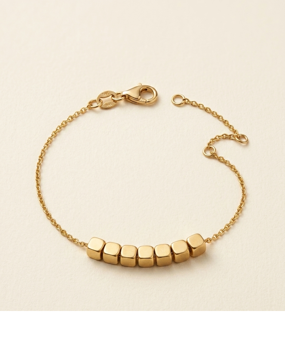 Gold Beaded Cube Charm Chain Bracelet for Women