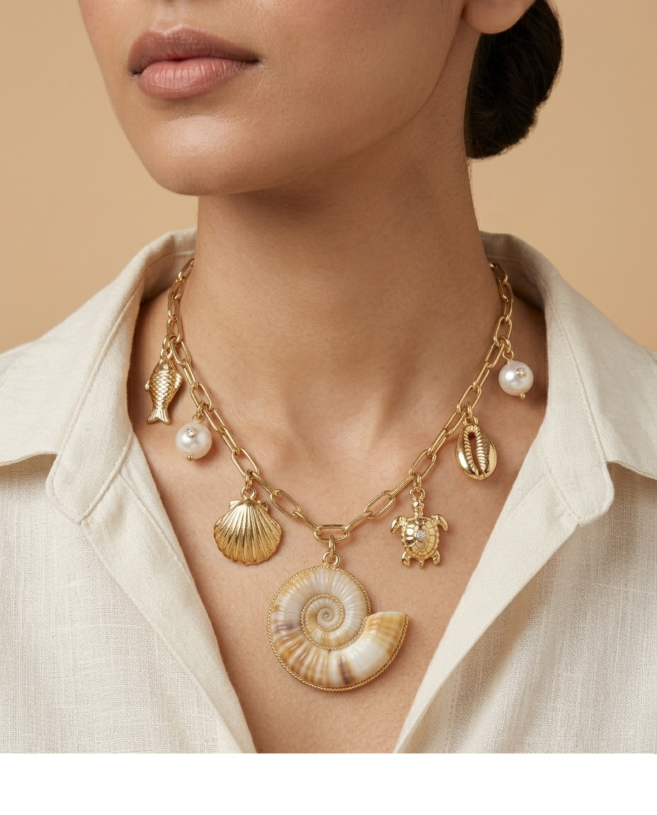 Ocean Treasure Charm Necklace with Shell, Turtle & Pearl Charms