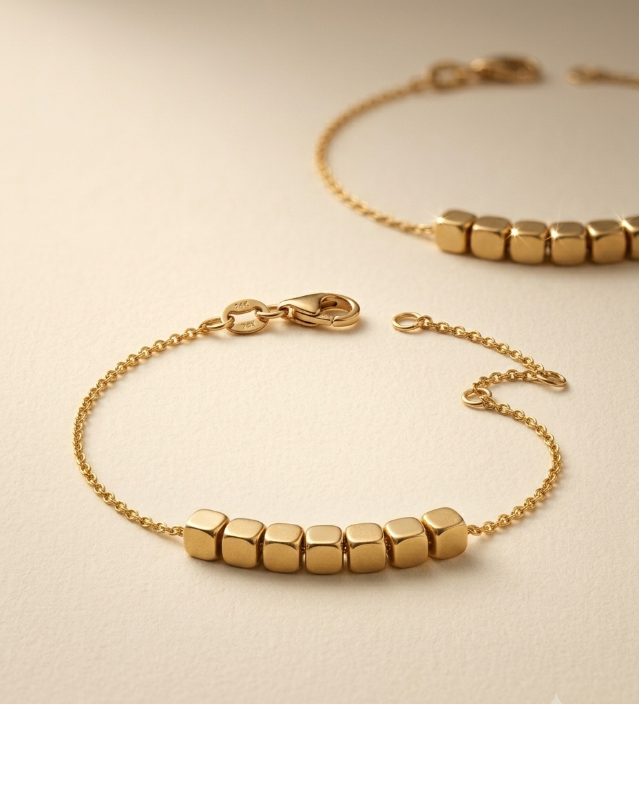 Gold Beaded Cube Charm Chain Bracelet for Women
