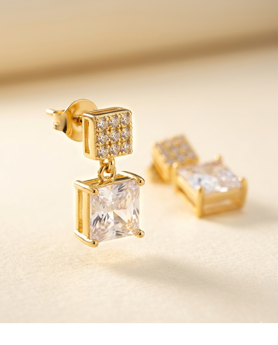 Celestia Princess Cut CZ Gold Plated Drop Earrings for Women