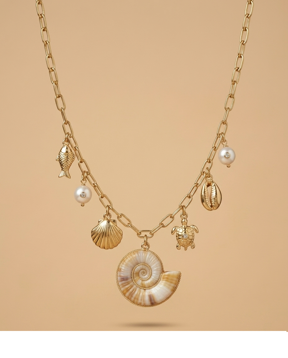 Ocean Treasure Charm Necklace with Shell, Turtle & Pearl Charms