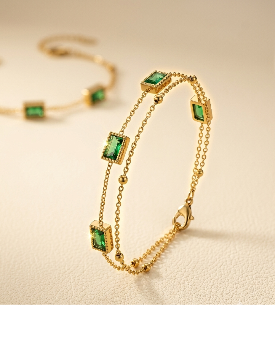 Emerald Green Rectangular Stone Gold Bracelet for Women