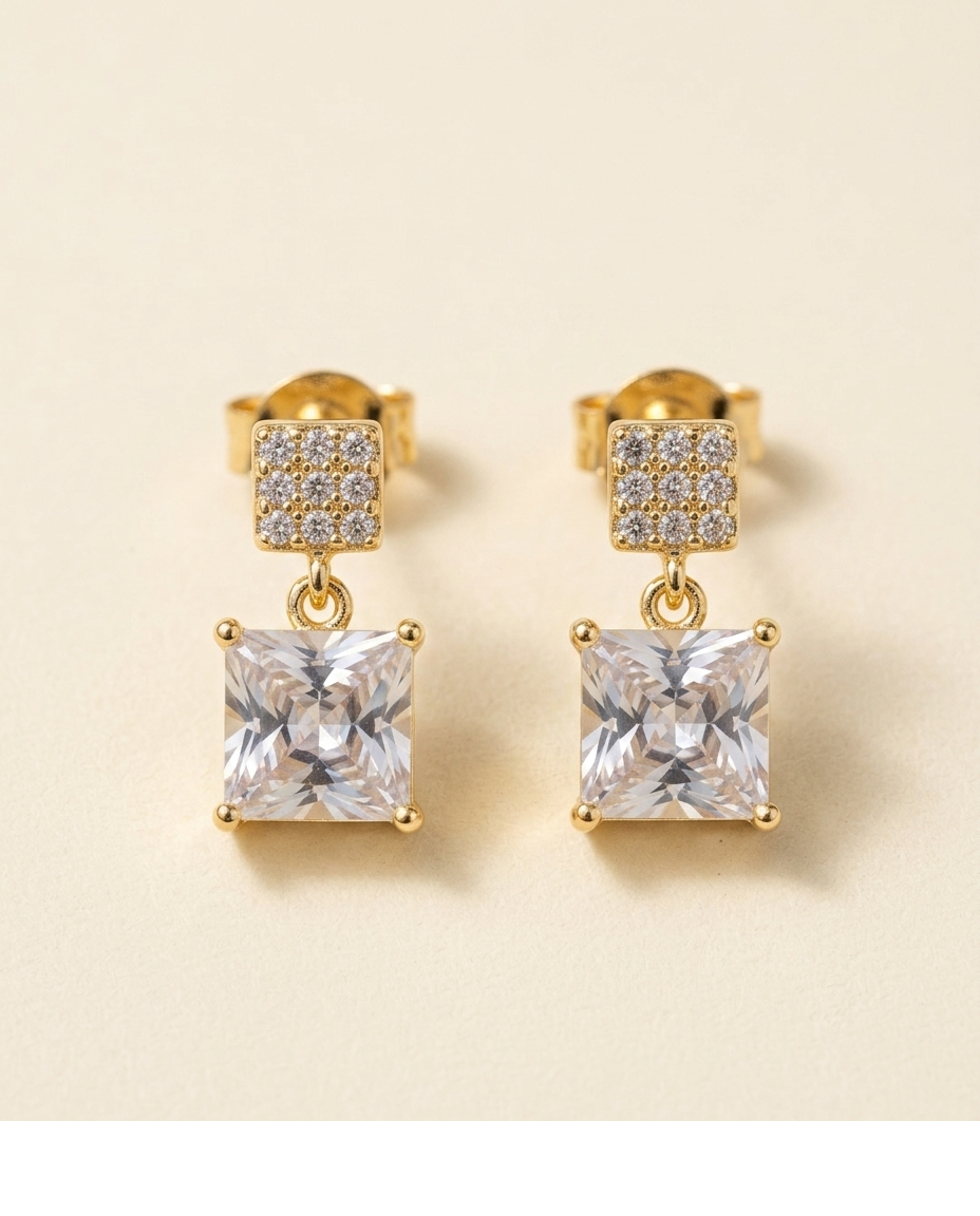 Celestia Princess Cut CZ Gold Plated Drop Earrings for Women