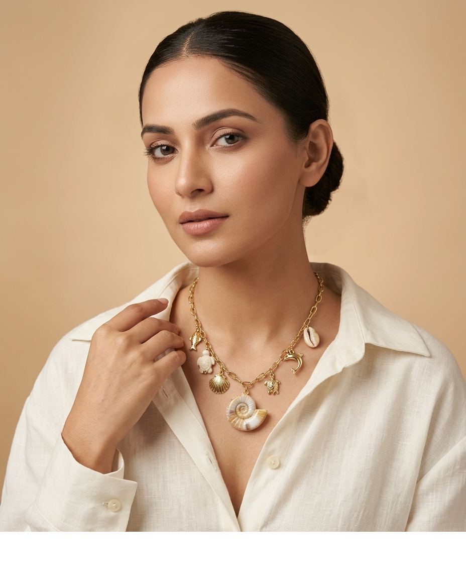 Ocean Treasure Charm Necklace with Shell, Turtle & Pearl Charms