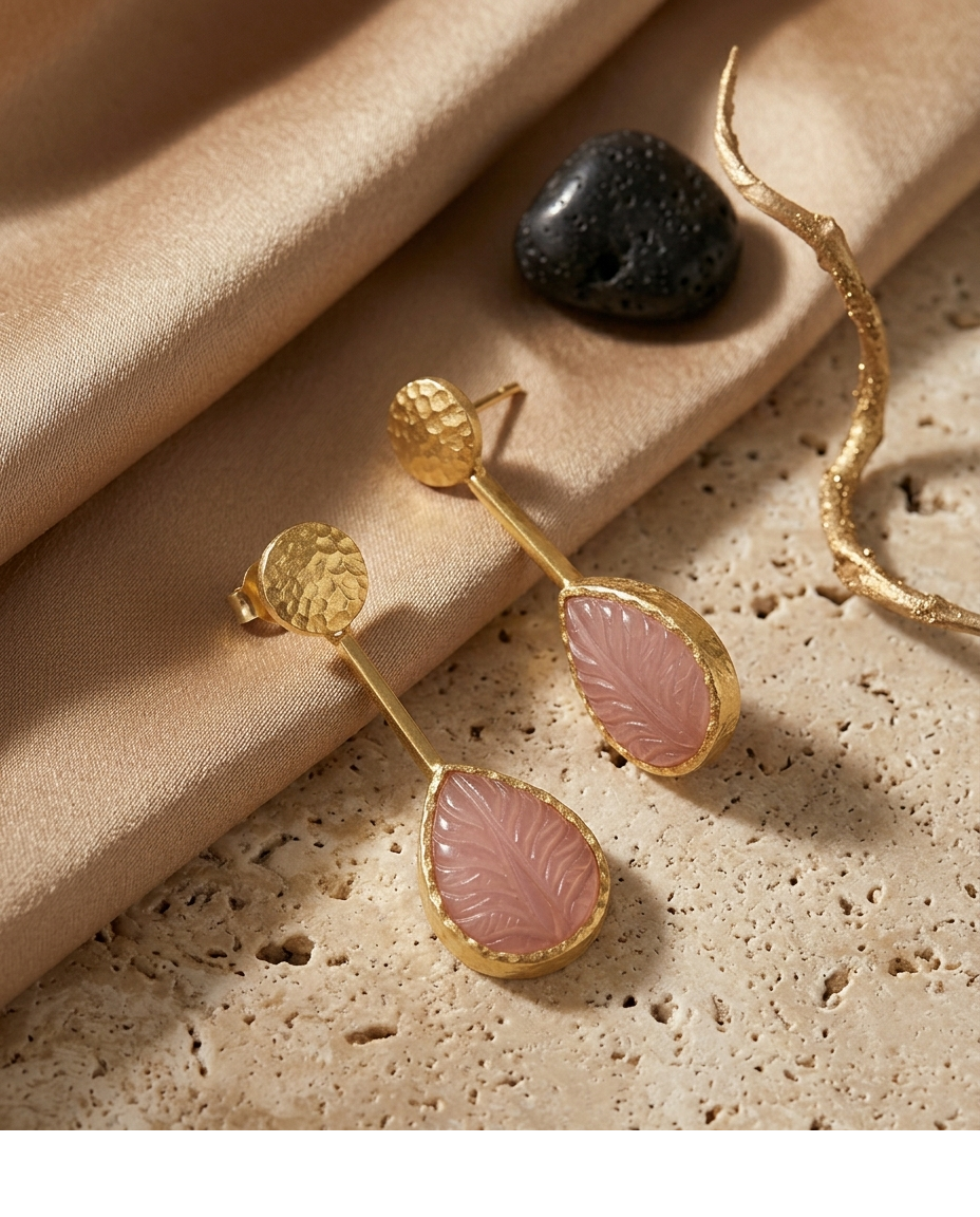 Pink Leaf Carved Gold Drop Earrings for Women
