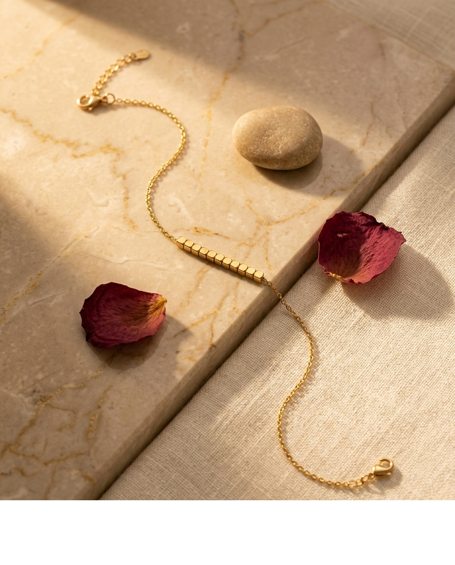 Gold Beaded Cube Charm Chain Bracelet for Women