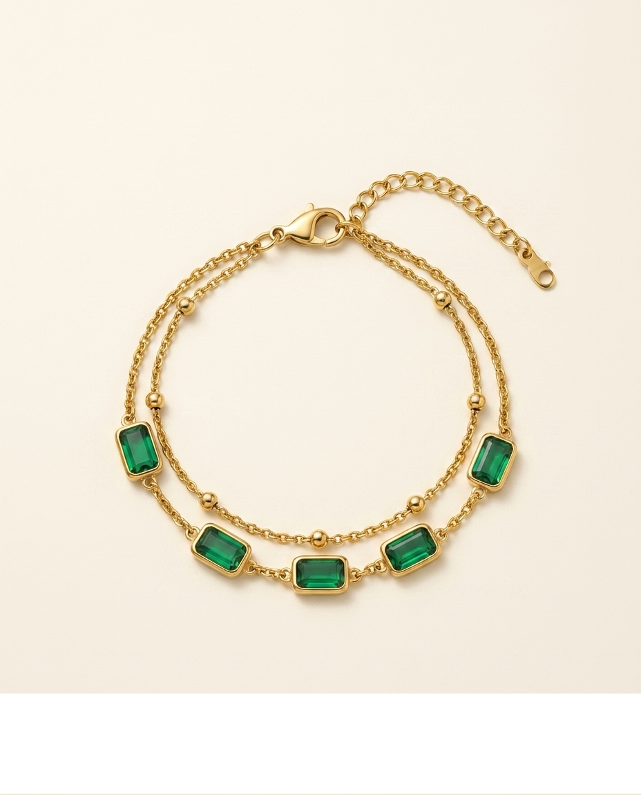 Emerald Green Rectangular Stone Gold Bracelet for Women