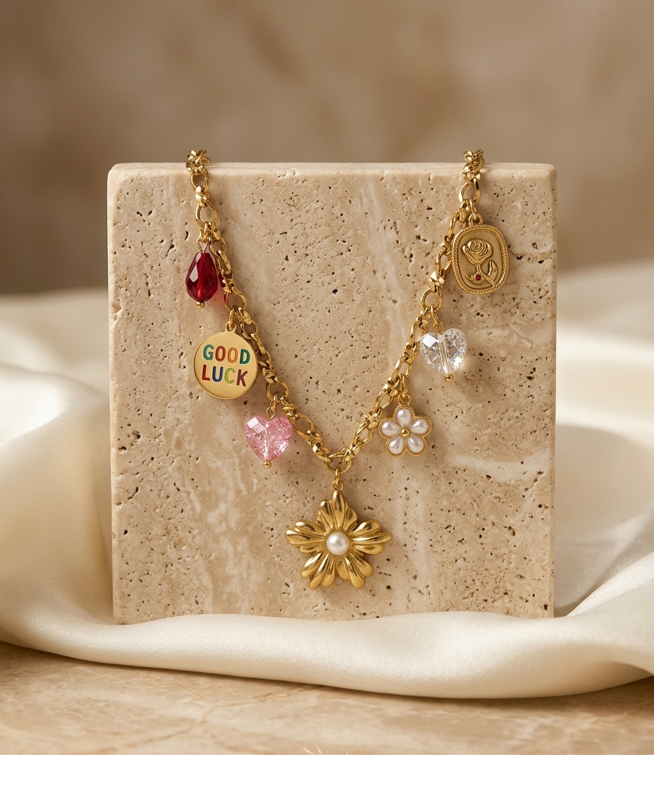 Lucky Bloom Multi-Charm Necklace with Floral Pendant