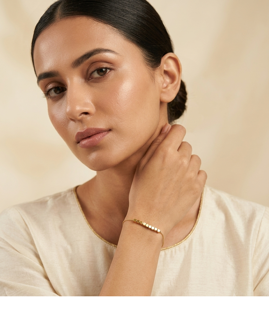 Gold Beaded Cube Charm Chain Bracelet for Women