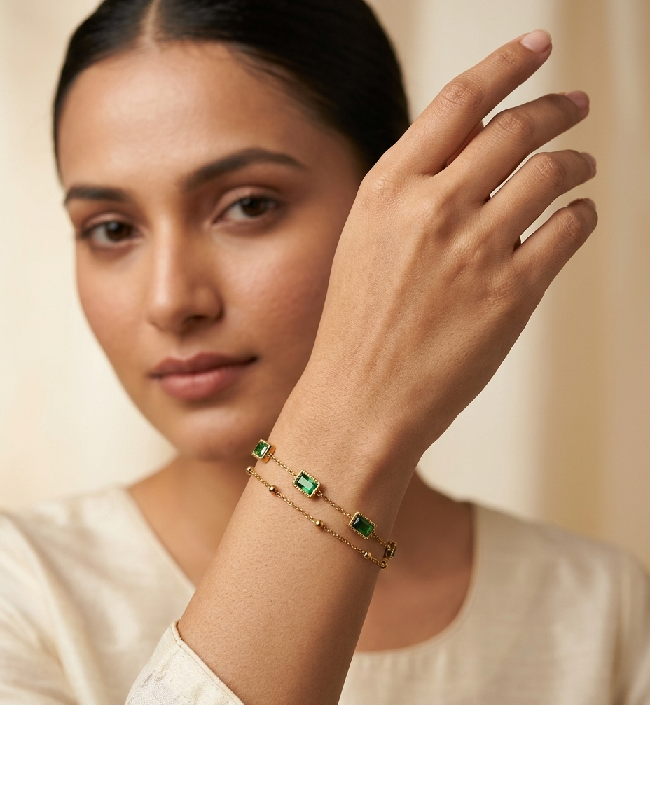 Emerald Green Rectangular Stone Gold Bracelet for Women