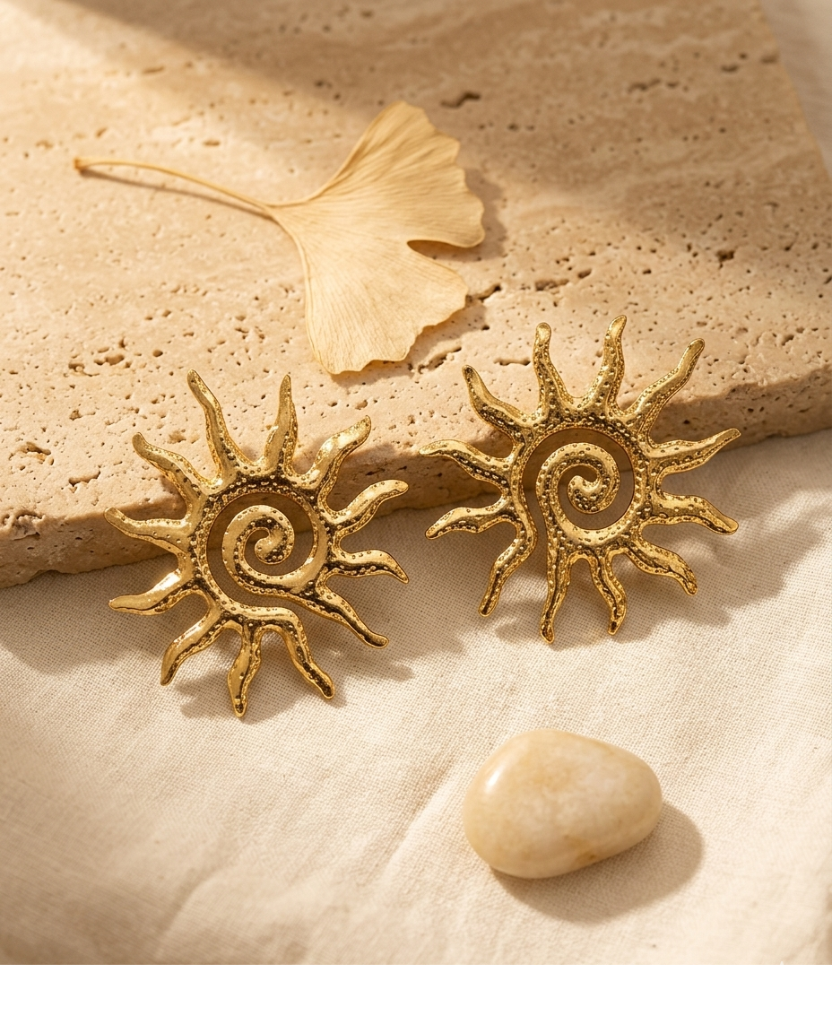 Gold Sun Spiral Statement Earrings for Women
