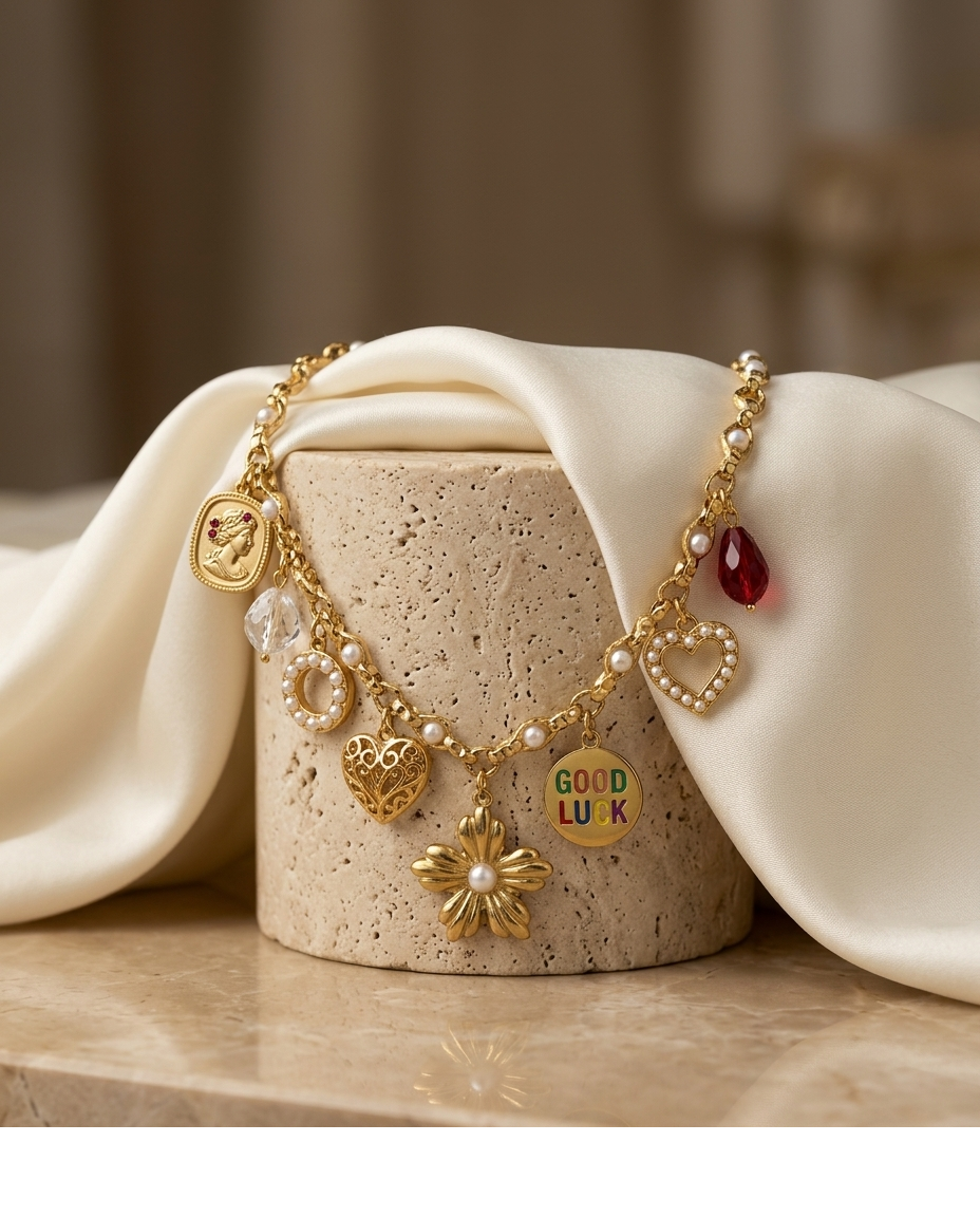 Lucky Bloom Multi-Charm Necklace with Floral Pendant
