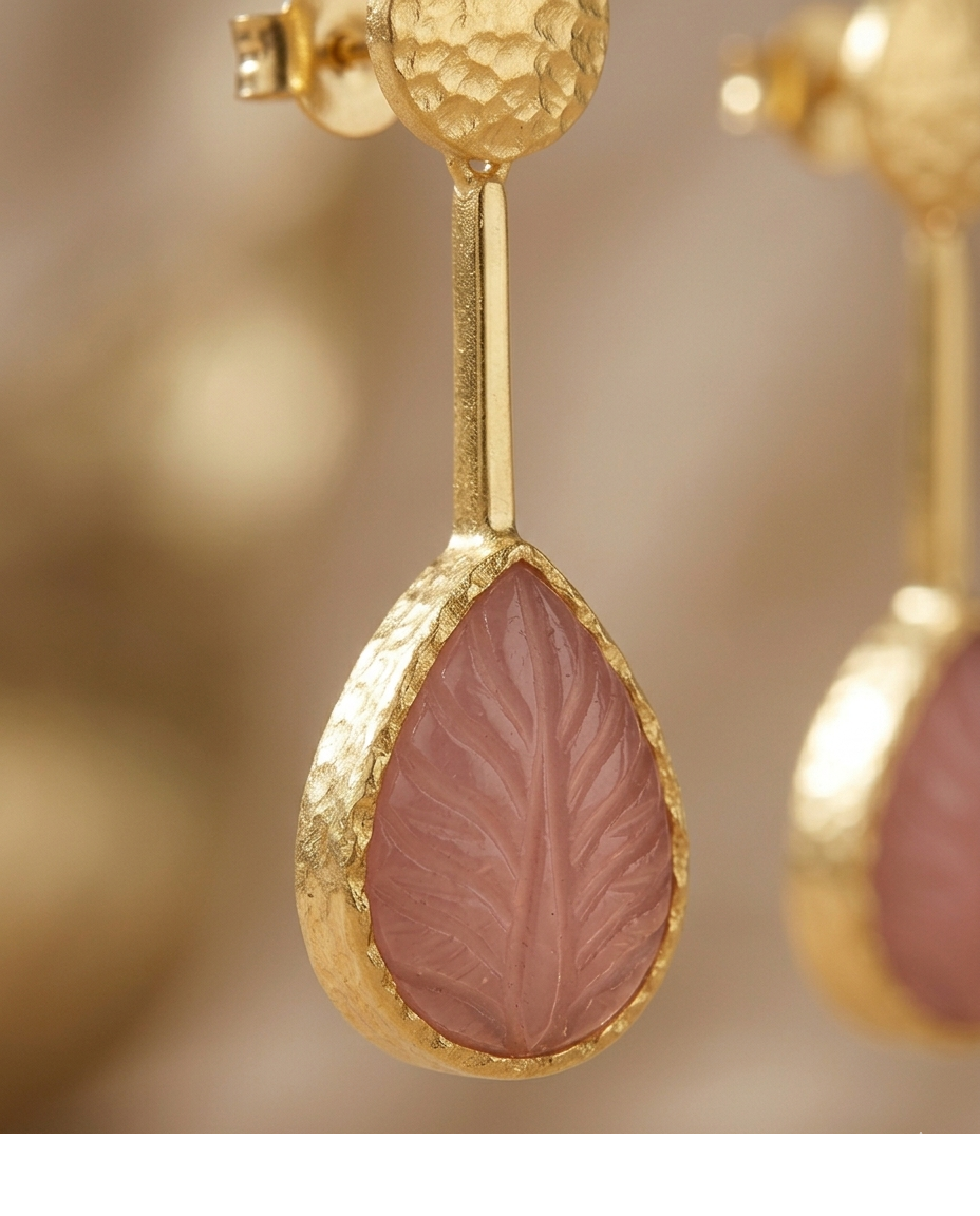 Pink Leaf Carved Gold Drop Earrings for Women