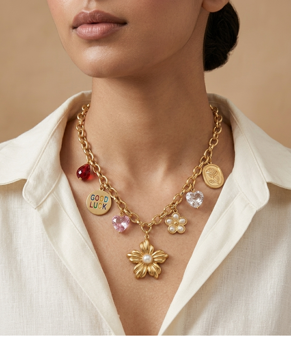 Lucky Bloom Multi-Charm Necklace with Floral Pendant