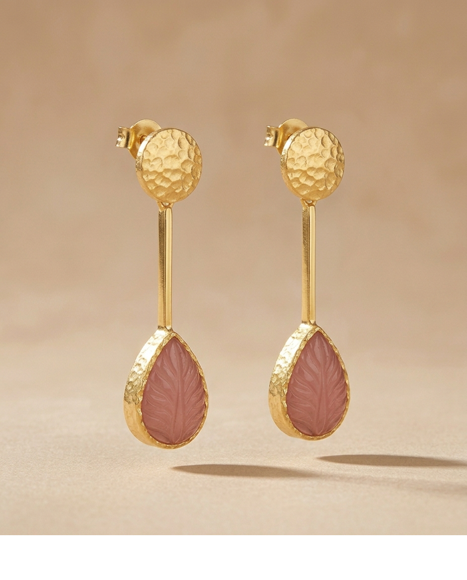 Pink Leaf Carved Gold Drop Earrings for Women