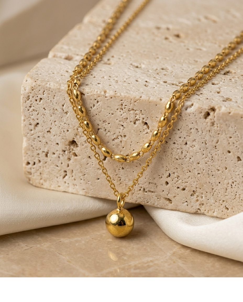 Gold-Tone Layered Beaded Ball Pendant Necklace for Women