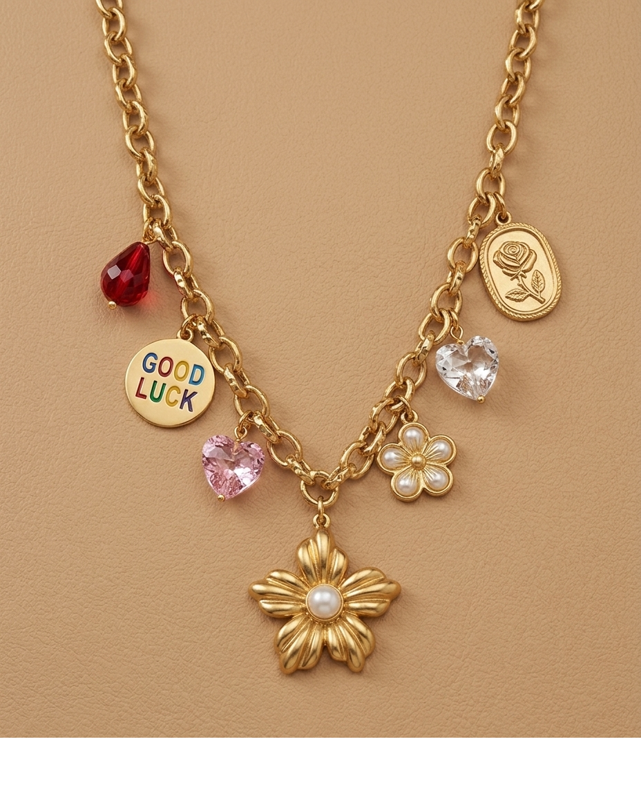 Lucky Bloom Multi-Charm Necklace with Floral Pendant