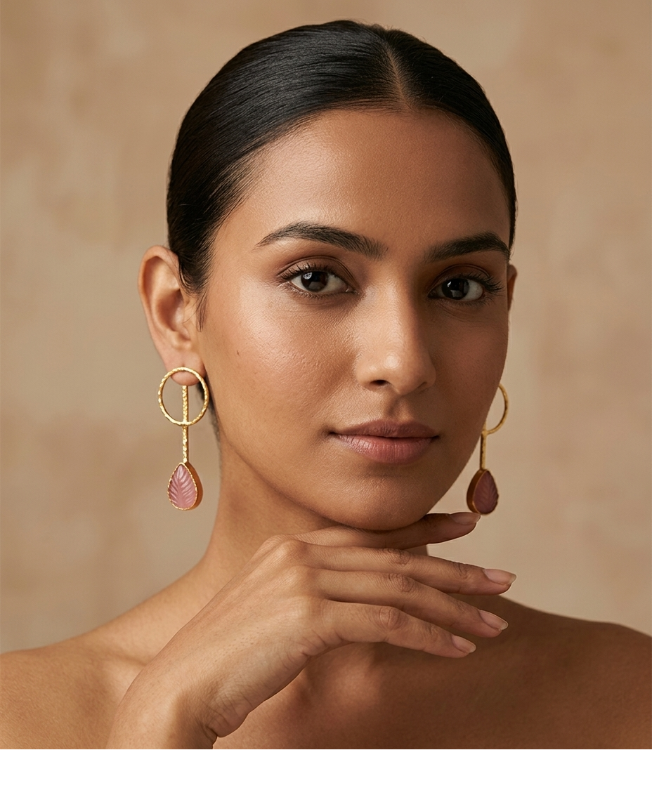 Pink Leaf Carved Gold Drop Earrings for Women