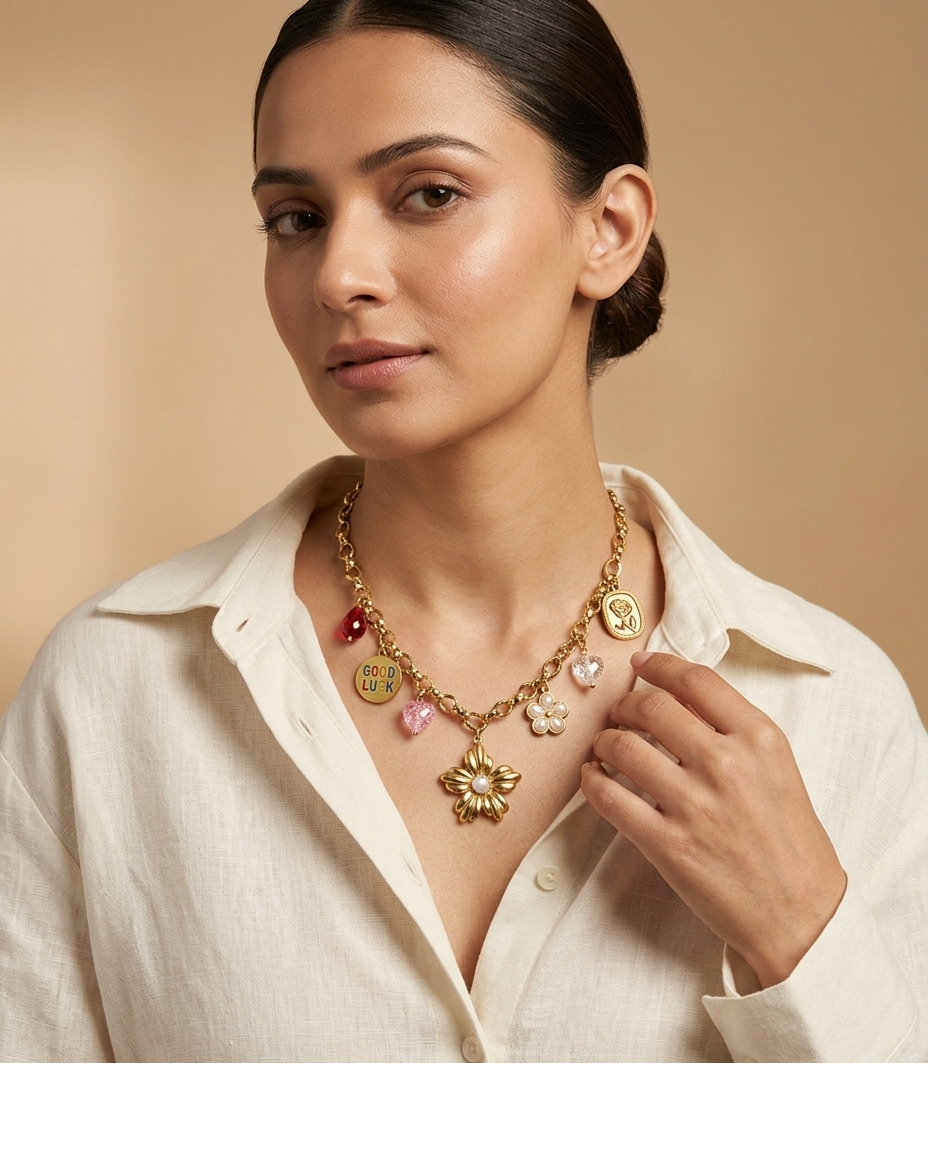 Lucky Bloom Multi-Charm Necklace with Floral Pendant