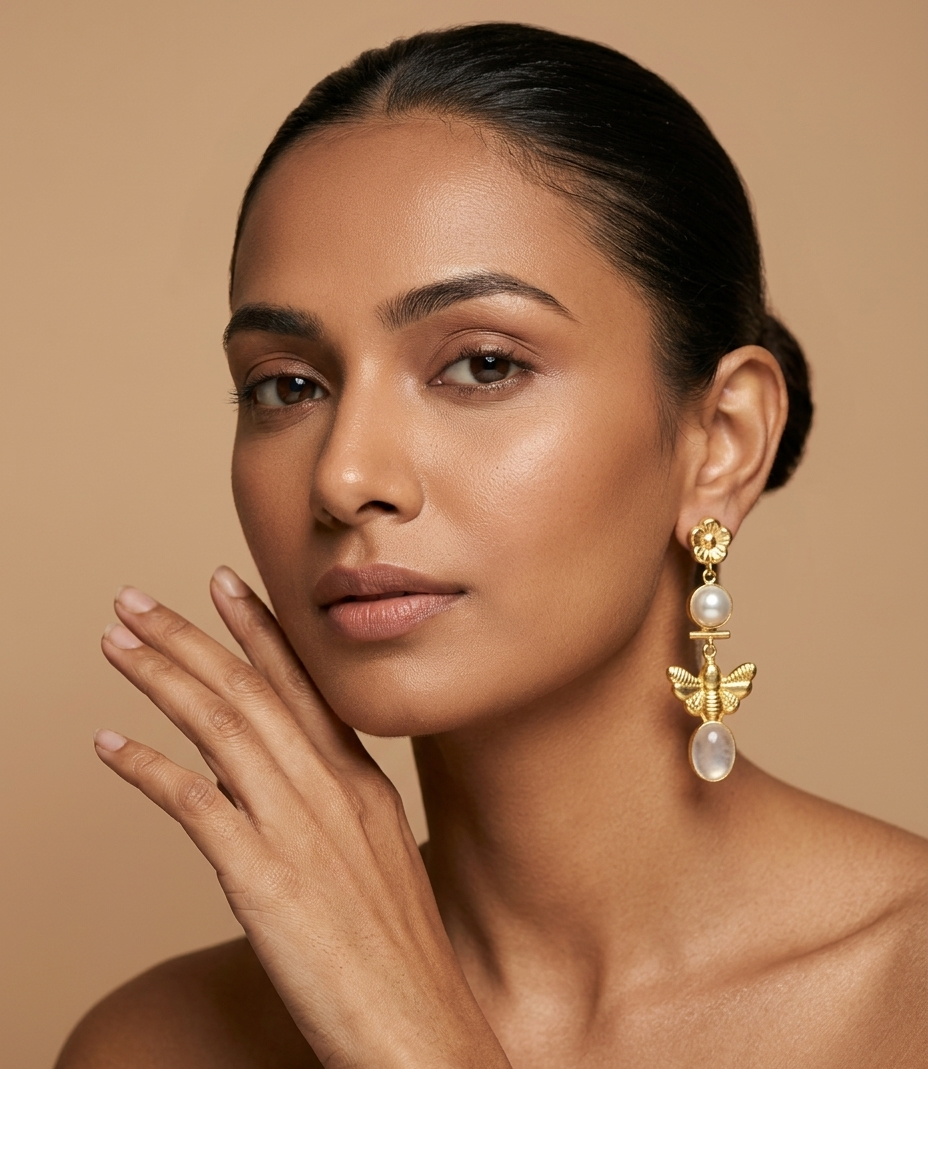 Pearl Bee Drop Earrings with Floral Stud for Women