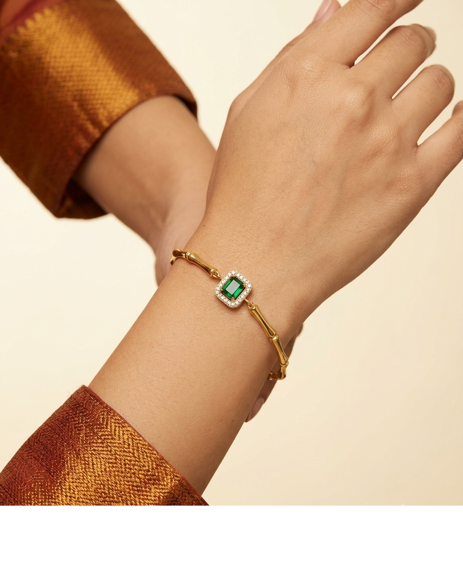 Green Stone Halo Gold Bracelet
