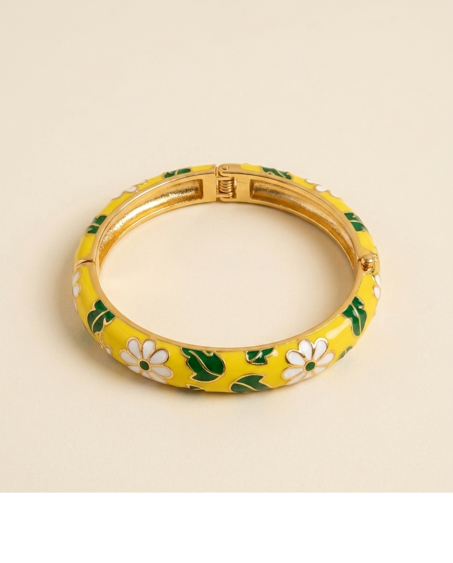 Gold-Tone Yellow Floral Enamel Designer Bangle for Women