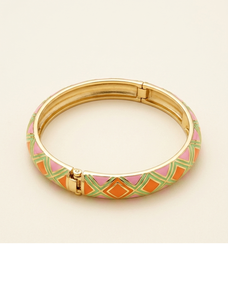 Green & Orange Geometric Enamel Gold-Tone Bangle for Women