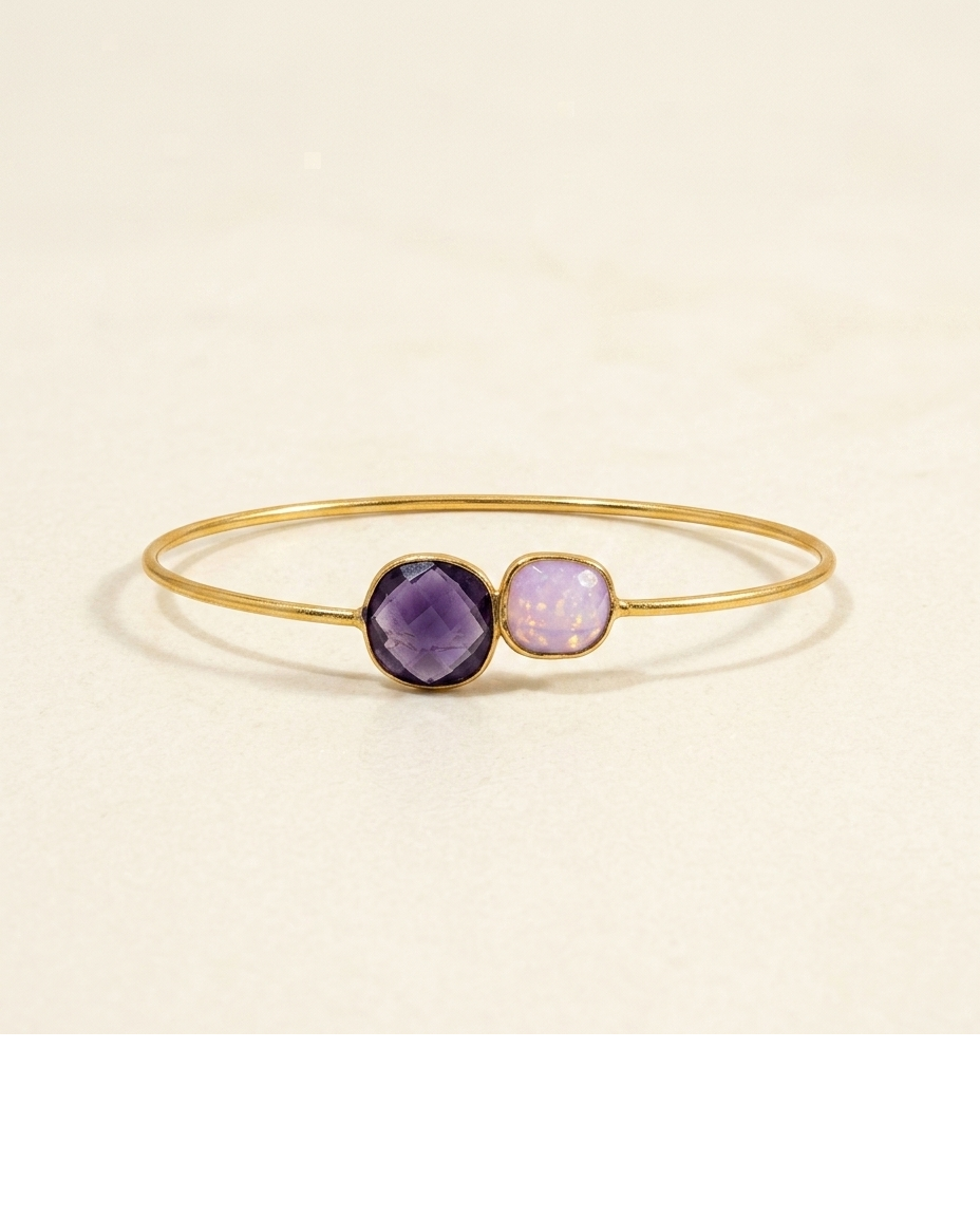 Purple & Pink Stone Gold Open Cuff Bangle for Women