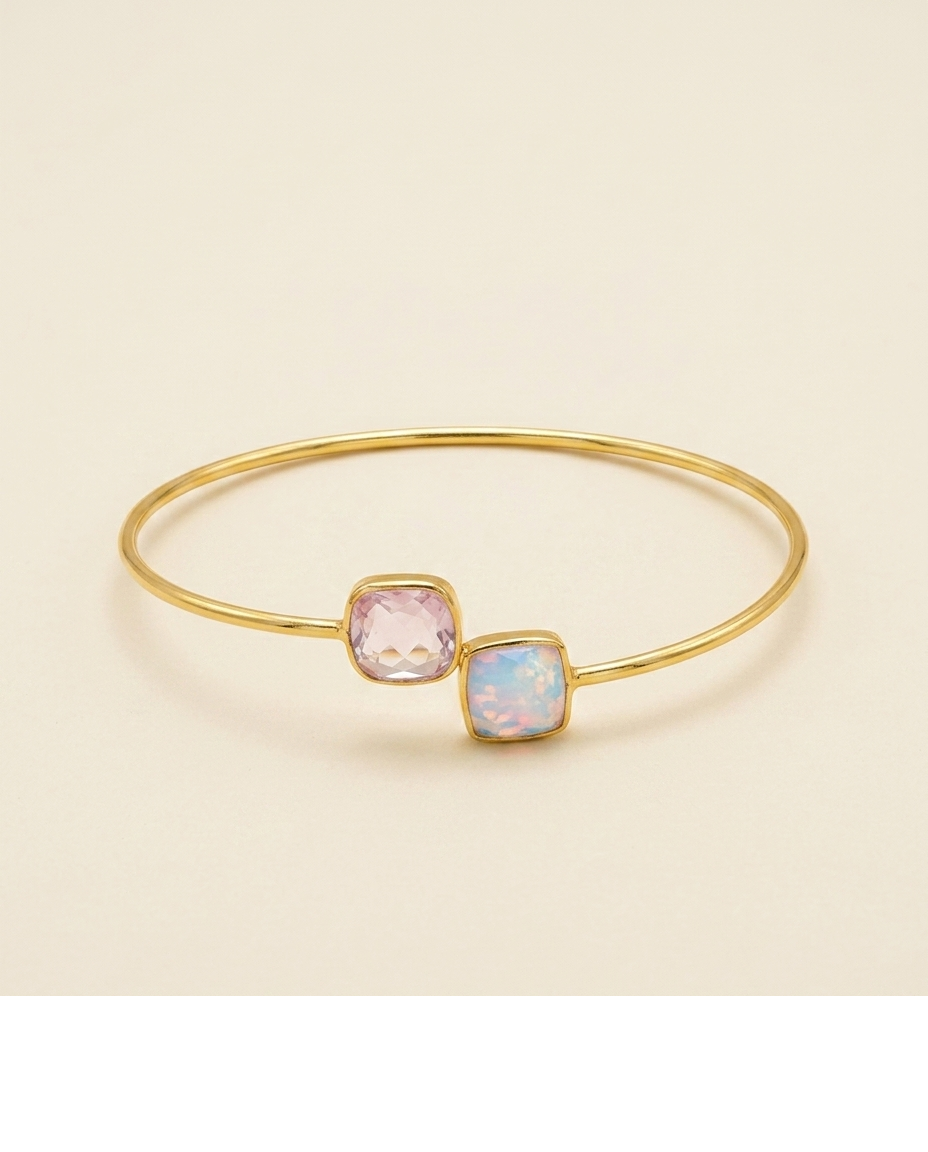 Pastel Pink & Blue Stone Gold Open Cuff Bangle for Women