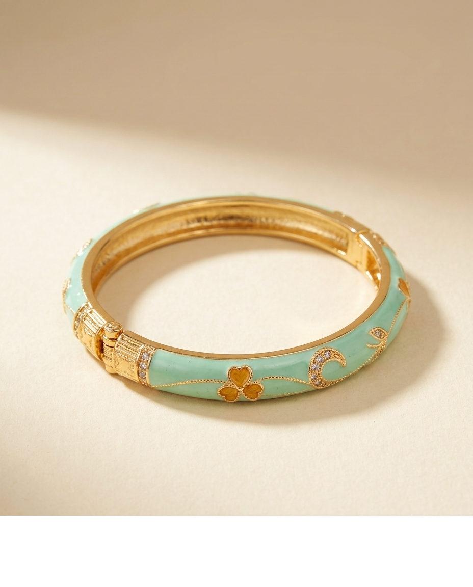 Gold-Tone Turquoise Enamel Floral Designer Bangle for Women