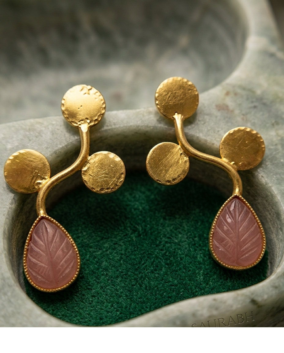 Pink Leaf Stone Gold Branch Drop Earrings for Women