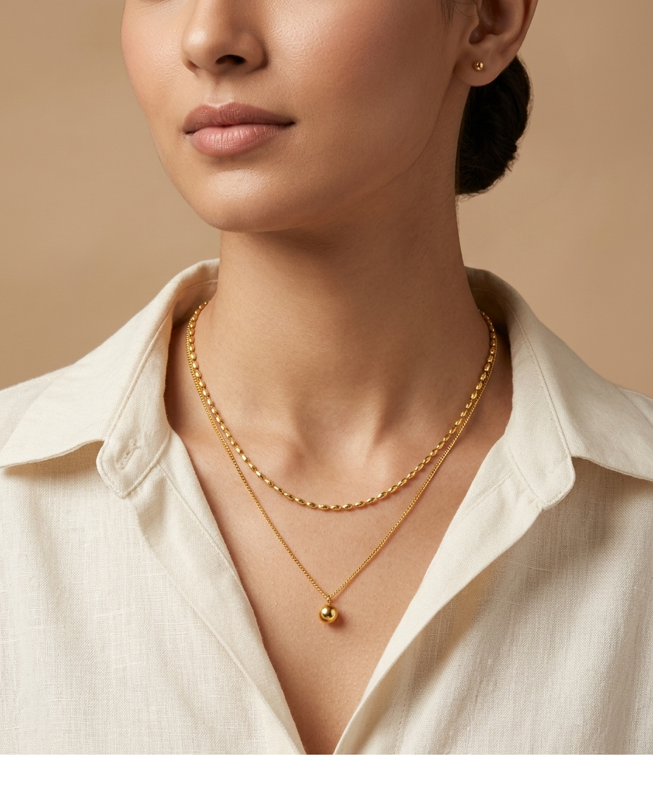 Gold-Tone Layered Beaded Ball Pendant Necklace for Women
