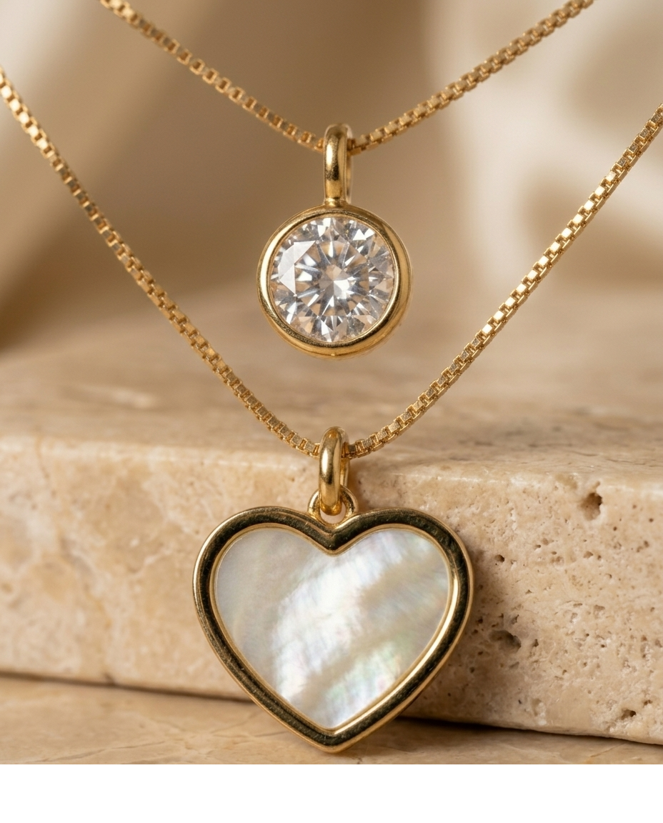 Gold-Tone Heart Mother of Pearl & Solitaire Pendant Necklace for Women