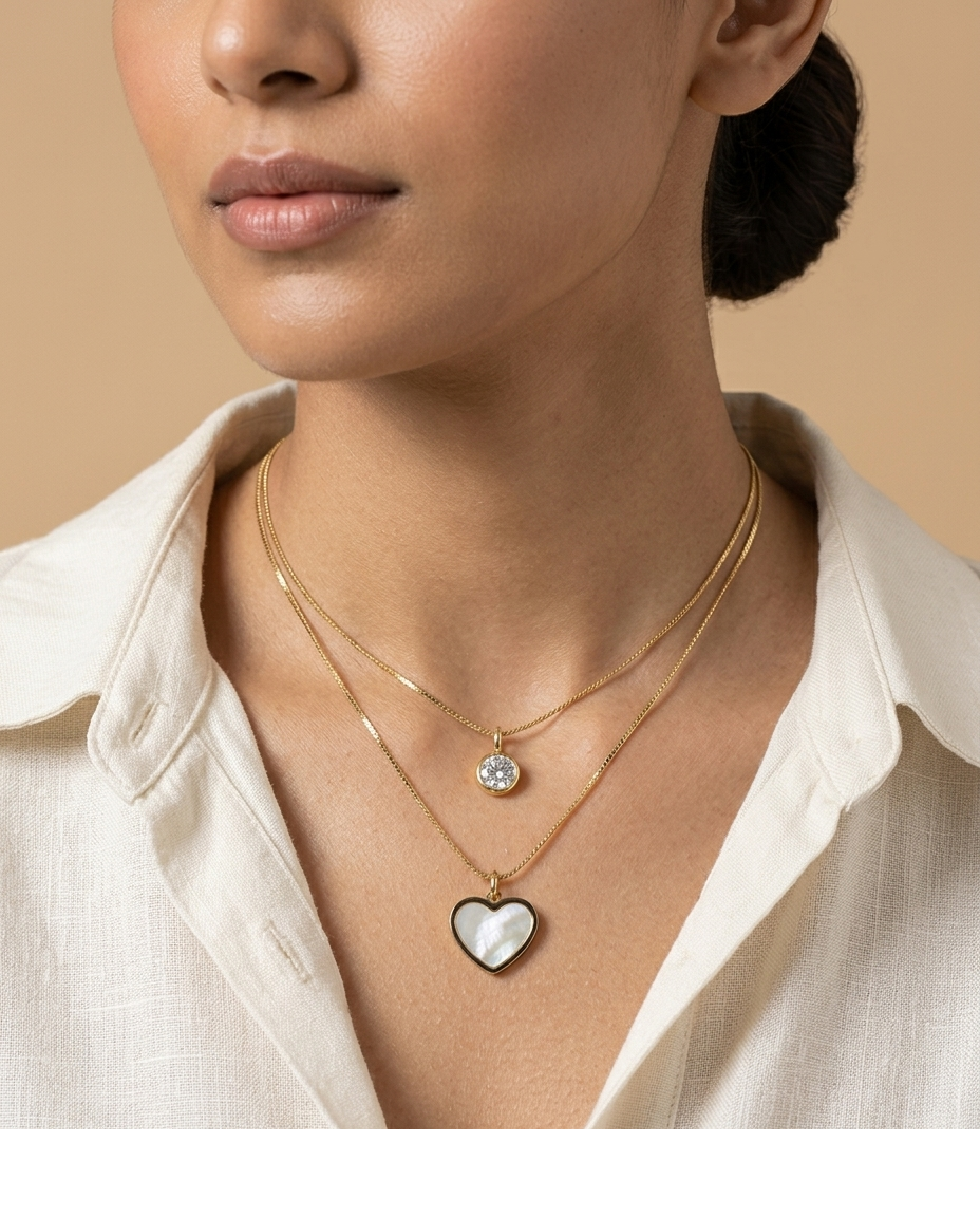 Gold-Tone Heart Mother of Pearl & Solitaire Pendant Necklace for Women