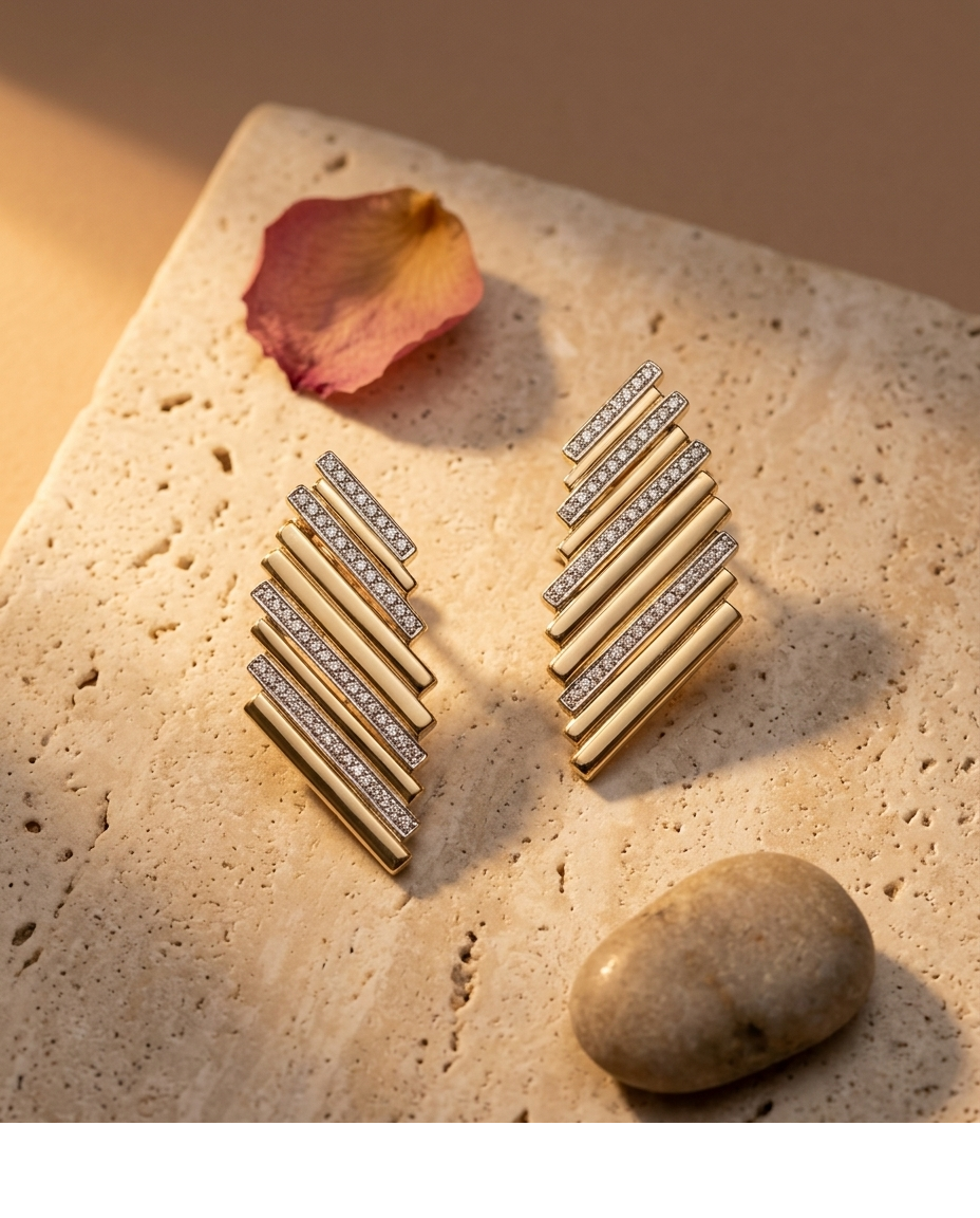 Gold Geometric Bar Statement Earrings with Crystals for Women