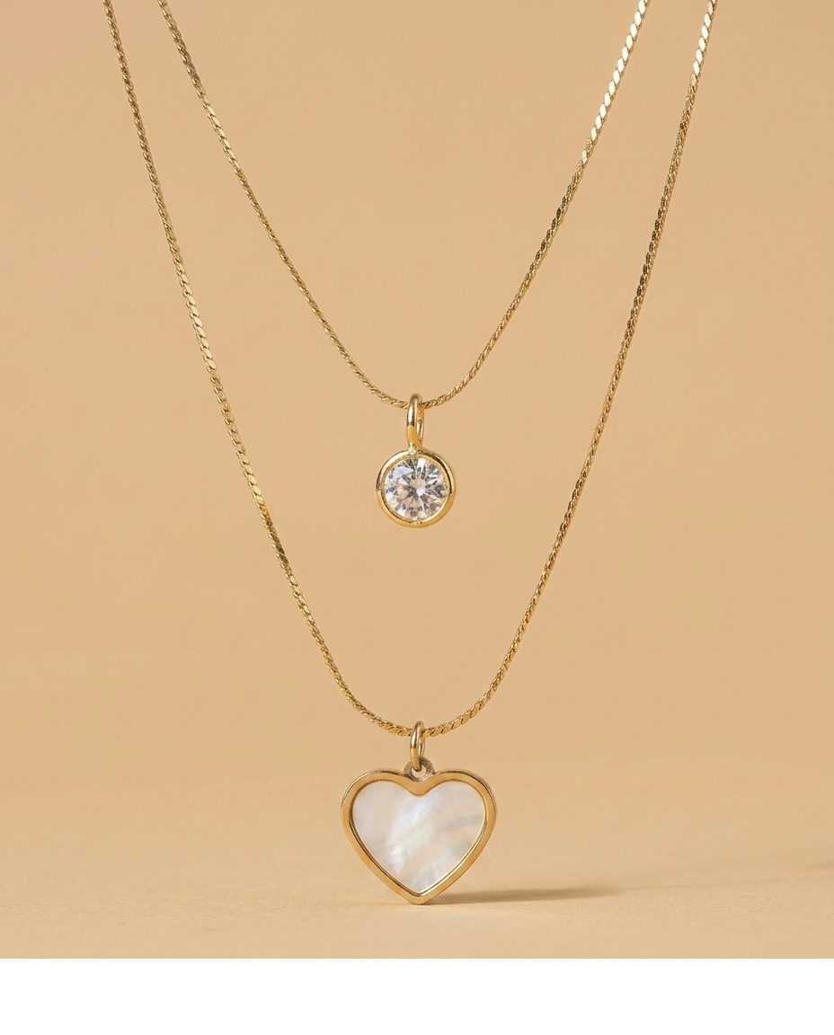 Gold-Tone Heart Mother of Pearl & Solitaire Pendant Necklace for Women