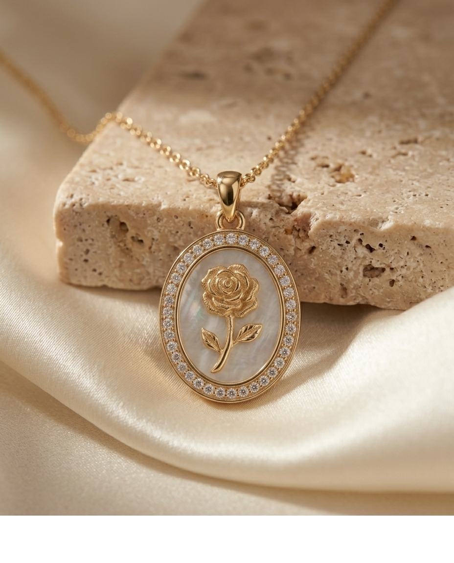 Rose Mother of Pearl Oval Pendant Necklace