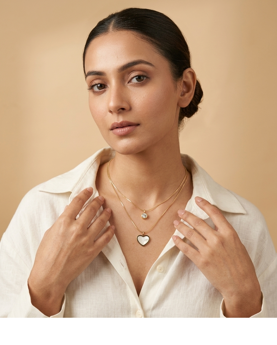 Gold-Tone Heart Mother of Pearl & Solitaire Pendant Necklace for Women